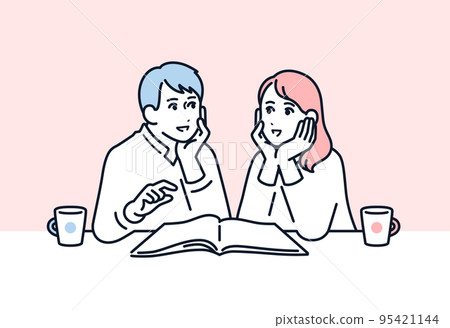 一對年輕夫婦一邊看目錄一邊諮詢的矢量圖素材 95421144