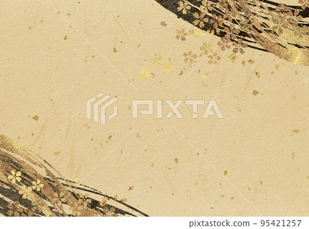 Brush line and cherry blossom frame on golden Japanese paper background Brush line and cherry blossom frame on golden Japanese paper background 95421257