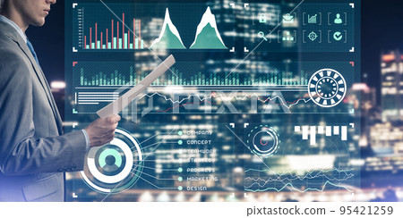 Digital background with infographs and man extending papers or contract 95421259