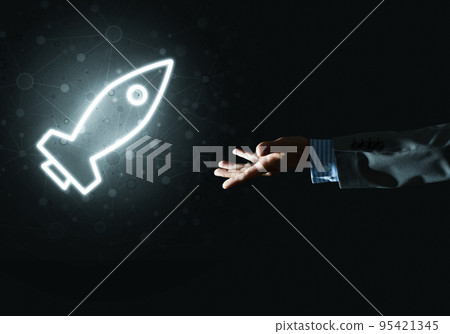 Man palm presenting Rocket web icon as technology concept 95421345