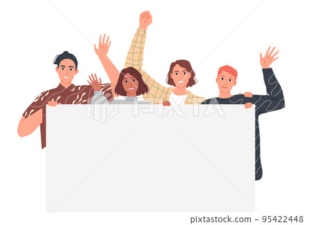 People holding a large banner and waving their hands in greeting People holding a large banner and waving their hands in greeting 95422448