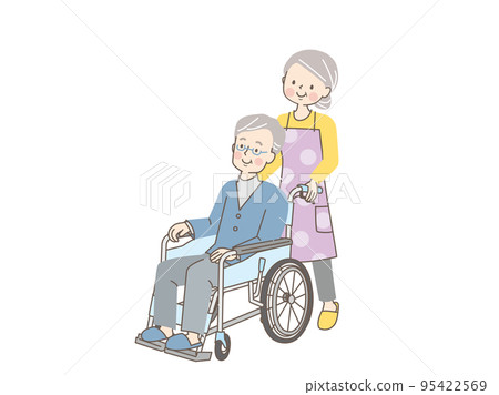 Senior woman helping a senior man in a wheelchair Senior woman helping a senior man in a wheelchair 95422569