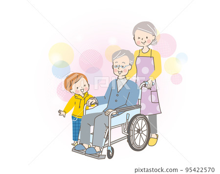A grandson who came to visit his grandfather in a wheelchair A grandson who came to visit his grandfather in a wheelchair 95422570