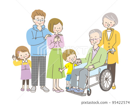 A smiling family of three who came to visit their grandfather in a wheelchair 95422574