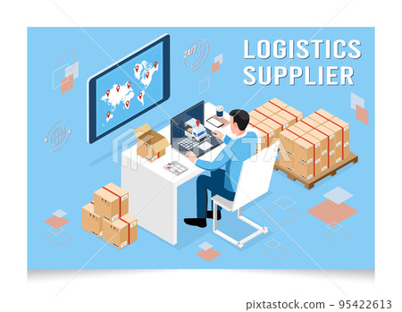 3D isometric Logistics Supplier concept with businessman working at a table with a product in a parcel box. Vector illustration eps10 95422613