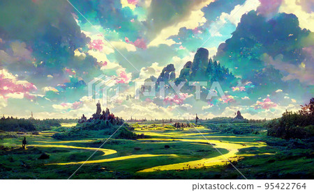 illustration castle fantasy forest spring colorful 95422764