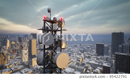 Telecommunication tower with 5G cellular network antenna on city background, 3d render Telecommunication tower with 5G cellular network antenna on city background, 3d render 95422791