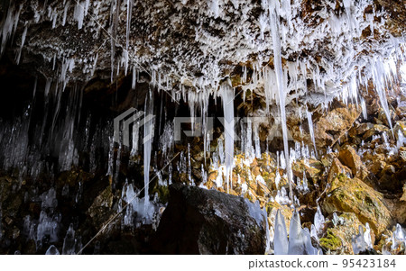 Icicles and growing ice bamboo shoots in Otaki Hyakujojiki Cave (Otaki Ward, Date City, Hokkaido) 95423184