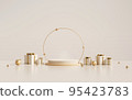 3D rendering light beige and gold product display stands, golden ring of stars with white gift boxes and gold ribbon on white background. 95423783