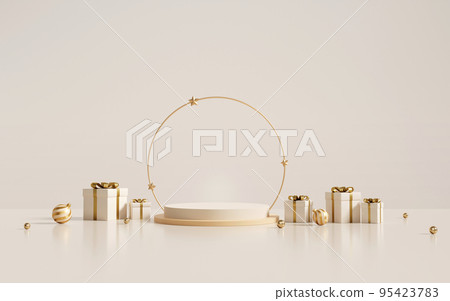 3D rendering light beige and gold product display stands, golden ring of stars with white gift boxes and gold ribbon on white background. 3D rendering light beige and gold product display stands, golden ring of stars with white gift boxes and gold ribbon on white background. 95423783