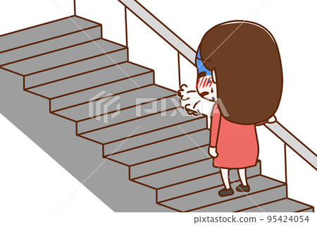 (全身斜後方)爬樓梯時因無法呼吸而痛苦不堪的女人 (全身斜後方)爬樓梯時因無法呼吸而痛苦不堪的女人 95424054