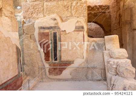 Mount Herodion and the ruins of the fortress of King Herod inside an artificial crater. The Judaean Desert, West Bank. 95424121