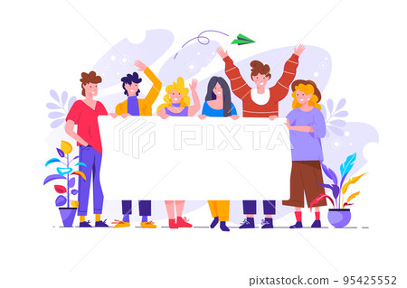 Group of young men and women standing together and holding blank banner 95425552