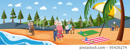 Beach scene with senior people on vacation Beach scene with senior people on vacation 95426274