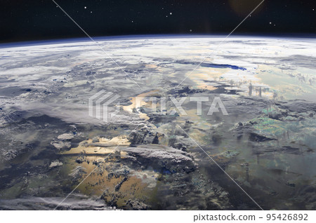 Clouds above the earth, satellite view. 3d illustration. The elements of this image furnished by NASA. 95426892