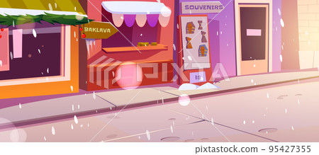City street with shops and snow in winter 95427355