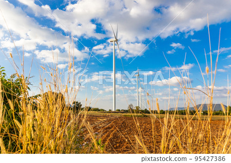 Landscape of Wind turbine arranged in a row on a mountain with blue sky background and flower is foreground in Sikhio District, Nakhon Ratchasima, Thailand Landscape of Wind turbine arranged in a row on a mountain with blue sky background and flower is foreground in Sikhio District, Nakhon Ratchasima, Thailand 95427386