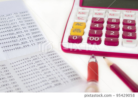passbook bank with calculator for business work arrangement flat lay style passbook bank with calculator for business work arrangement flat lay style 95429058