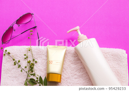 sunscreen spf50, body lotion for health care with sunglasses, terry cloth of lifestyle woman relax  95429233