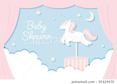 天空中嬰兒洗澡的白馬旋轉木馬背景插圖 95429470