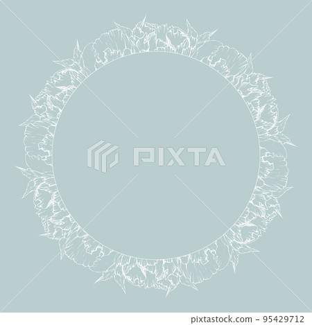 Hand drawn vector circle frame wreath arrangement with peony flowers, buds and leaves. Isolated on white background. Design for invitations, wedding or greeting cards, wallpaper, print, textile Hand drawn vector circle frame wreath arrangement with peony flowers, buds and leaves. Isolated on white background. Design for invitations, wedding or greeting cards, wallpaper, print, textile 95429712
