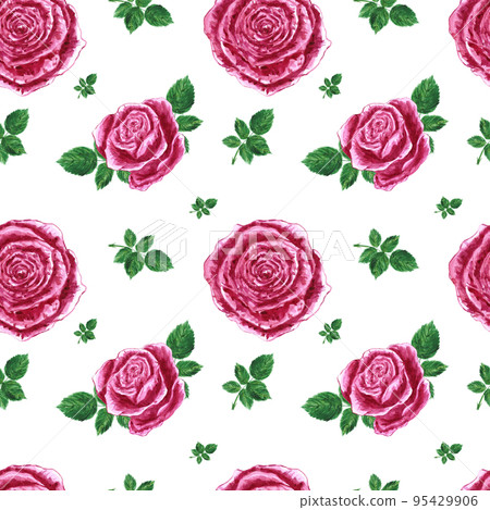 Handdrawn roses seamless pattern. Watercolor pink flowers with green leaves on the white background. Scrapbook design, typography poster, label, banner, textile. Handdrawn roses seamless pattern. Watercolor pink flowers with green leaves on the white background. Scrapbook design, typography poster, label, banner, textile. 95429906