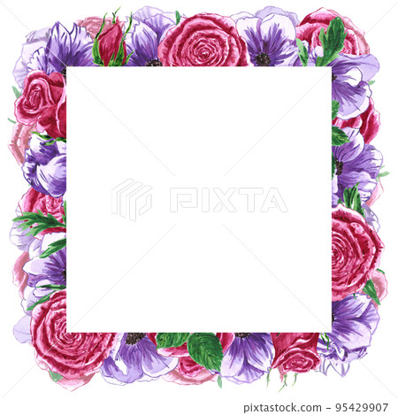Handdrawn anemone and roses frame. Watercolor wind flower boarder on the white background. Typography poster, wedding card, invitation, label, banner design set. Handdrawn anemone and roses frame. Watercolor wind flower boarder on the white background. Typography poster, wedding card, invitation, label, banner design set. 95429907