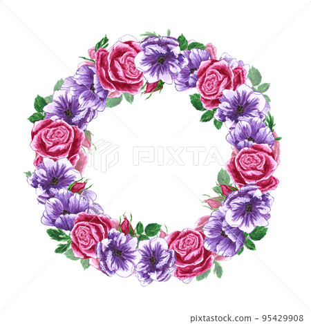 Handdrawn anemone and roses wreath. Watercolor wind flower boarder on the white background. Scrapbook design elements. Typography poster, wedding card, label, banner design. Handdrawn anemone and roses wreath. Watercolor wind flower boarder on the white background. Scrapbook design elements. Typography poster, wedding card, label, banner design. 95429908
