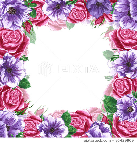 Handdrawn anemone and roses frame. Watercolor flowers on the white background. Wind flowers boarder. Typography poster, wedding card, invitation, label, banner design. Handdrawn anemone and roses frame. Watercolor flowers on the white background. Wind flowers boarder. Typography poster, wedding card, invitation, label, banner design. 95429909
