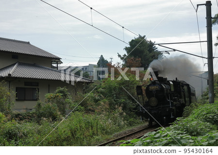 一輛蒸汽機車沿著一條長滿草的單軌運行的視圖 一輛蒸汽機車沿著一條長滿草的單軌運行的視圖 95430164