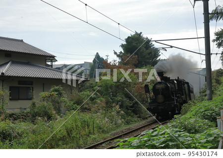 蒸汽機車在冒黑煙的草地軌道上運行 95430174