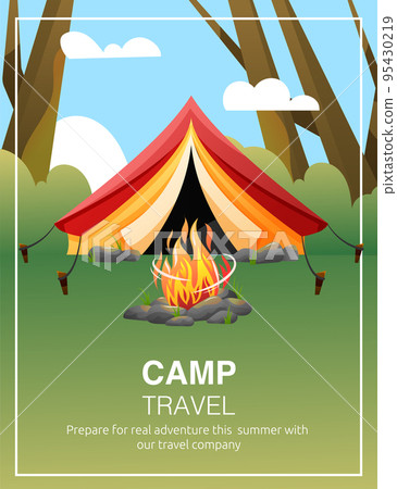 Camp travel tent vector banner concept. Red and yellow camp tent in forest. 95430219