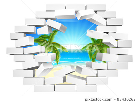 Brick Wall Breaking Beach Behind Freedom Concept Brick Wall Breaking Beach Behind Freedom Concept 95430262