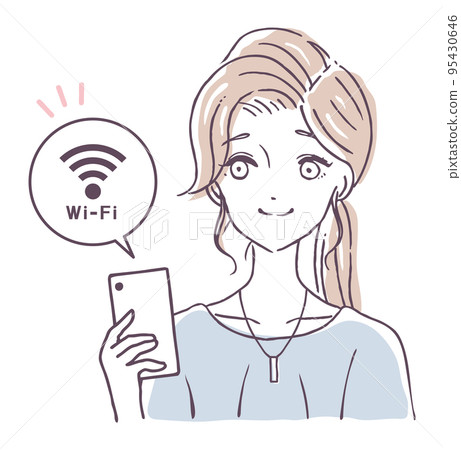 A simple person illustration material of a woman who connects a smartphone to Wi-Fi A simple person illustration material of a woman who connects a smartphone to Wi-Fi 95430646