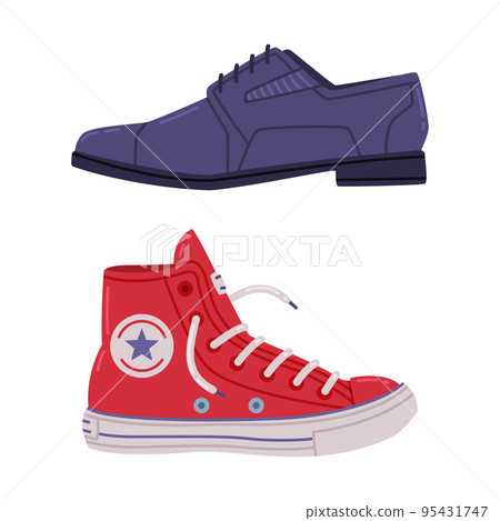 Leather Shoes and Red Sneaker or Trainers as Casual and Formal Footwear Vector Set 95431747