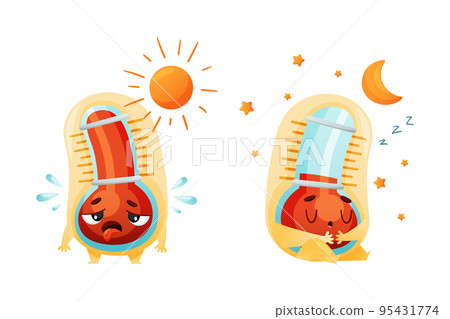 Cartoon Thermometer Character Sleeping and Sweating in Hot Weather Vector Set 95431774