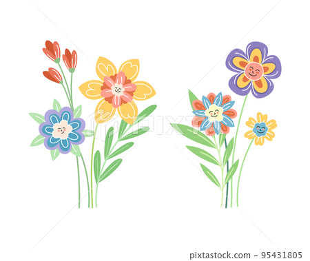 Smiling Flowers on Stalk with Petal and Green Leaf Vector Set Smiling Flowers on Stalk with Petal and Green Leaf Vector Set 95431805