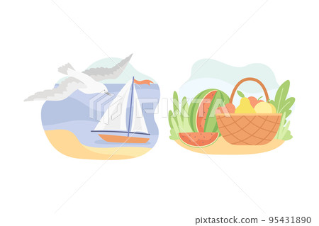 Summer Picnic Wicker Basket with Fresh and Juicy Fruit and Boat with Seagull Vector Set 95431890