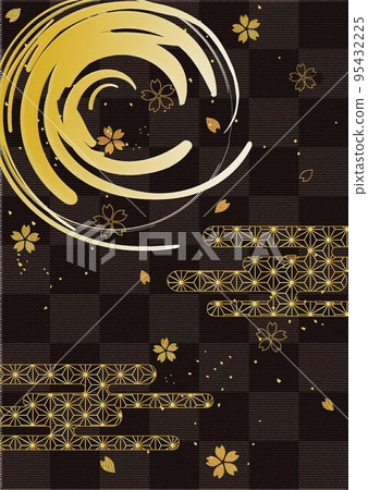 Gold leaf round brush cherry blossom pattern_black lattice vertical 1453 95432225