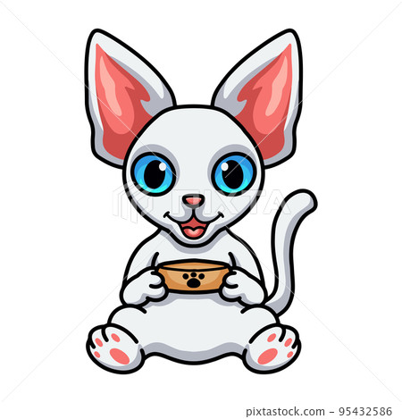 Cute devon rex cat cartoon holding food bowl Cute devon rex cat cartoon holding food bowl 95432586