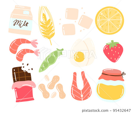 Food Allergens. Allergen Products Collection. Vector illustration. Allergy. Drawn style. Allergen fish, egg, honey, gluten, milk. Food Allergens. Allergen Products Collection. Vector illustration. Allergy. Drawn style. Allergen fish, egg, honey, gluten, milk. 95432647