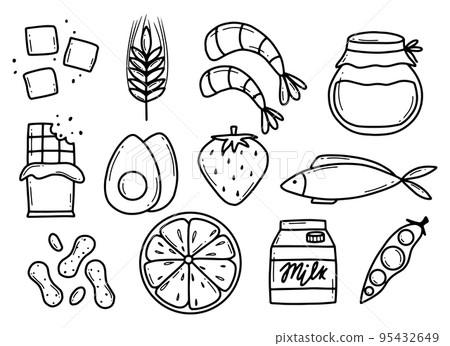 Food Allergens. Allergen Products Collection. Vector illustration. Allergy. Doodle style. Allergen fish, egg, honey, gluten, milk. Food Allergens. Allergen Products Collection. Vector illustration. Allergy. Doodle style. Allergen fish, egg, honey, gluten, milk. 95432649