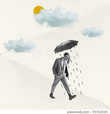 Sad man walking under umbrella on abstract background with drawings. Bright contemporary collage. Art, fashion and emptions, feelings. Ideas, vintage, retro style, imagination 95432810