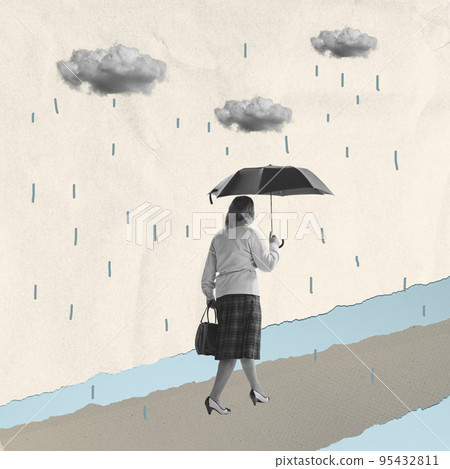 Sad woman walking under umbrella on abstract background with drawings. Bright contemporary collage. Art, fashion and emptions, feelings. Ideas, vintage, retro style, imagination 95432811