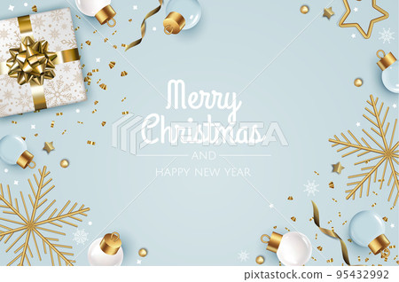 Merry Christmas and Happy New Year. Xmas Festive background with realistic 3d objects, gift box, blue and white balls. Merry Christmas and Happy New Year. Xmas Festive background with realistic 3d objects, gift box, blue and white balls. 95432992