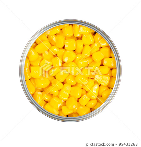 Sweet corn kernels, in an opened can. Cooked canned yellow vegetable maize, Zea mays, also called sugar or pole corn, vegetarian staple food. Isolated from above, close-up over white macro food photo. 95433268