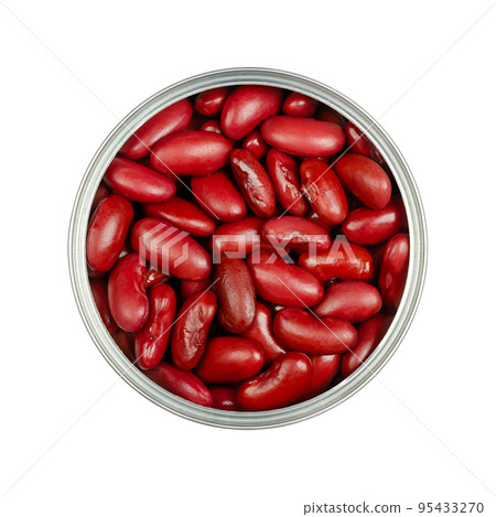 Red kidney beans, in an opened can. Cooked and canned common kidney beans, a variety of the common bean, Phaseolus vulgaris, a vegetarian staple food. Isolated, from above, close-up, macro food photo. 95433270