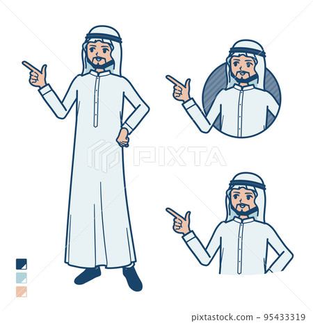 Illustration of an Arabian man wearing a white costume pointing and explaining 95433319