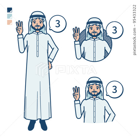 Illustration of an Arabian man in a white costume counting 3 95433322