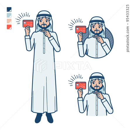 Illustration of an Arabian man wearing a white costume pointing at a credit card Illustration of an Arabian man wearing a white costume pointing at a credit card 95433325